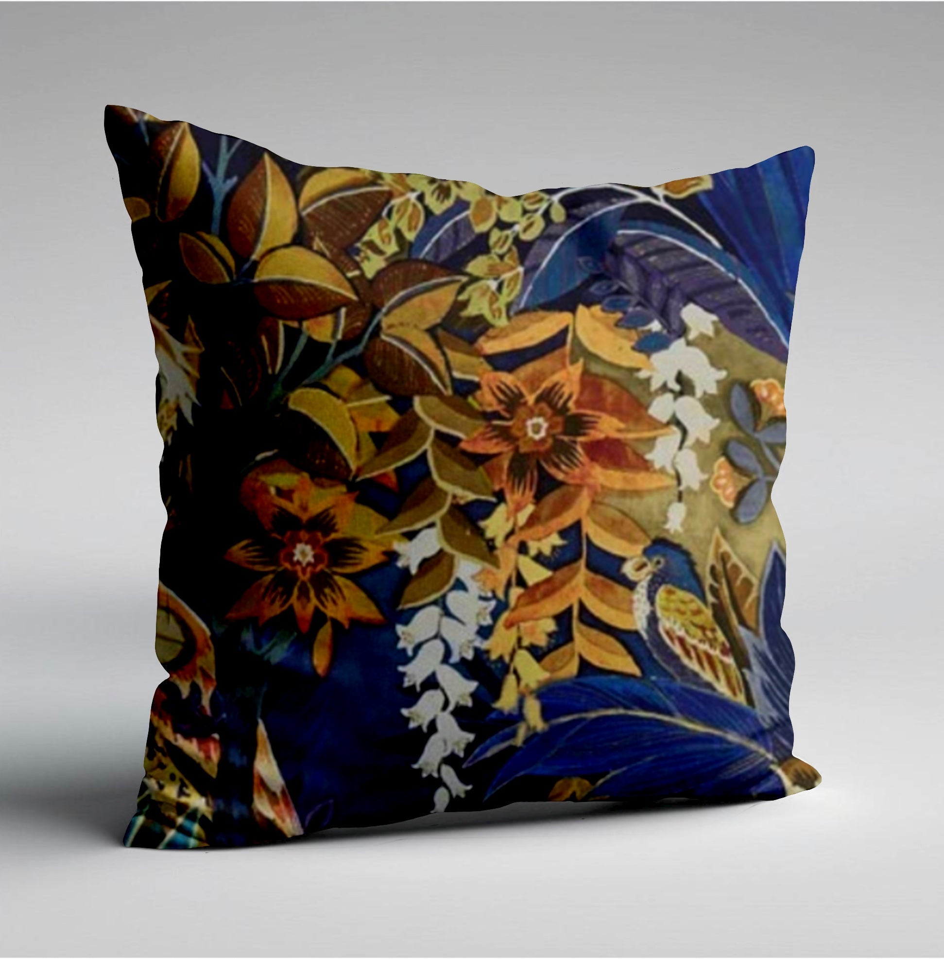 Square throw pillow with floral midnight velvet design featuring orange flowers green leaves and a blue bird on navy background