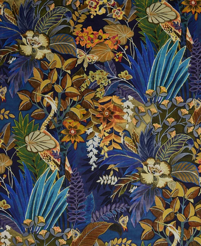 Floral midnight velvet throw cushion with vibrant blue gold and orange floral patterns and detailed leaves and butterflies