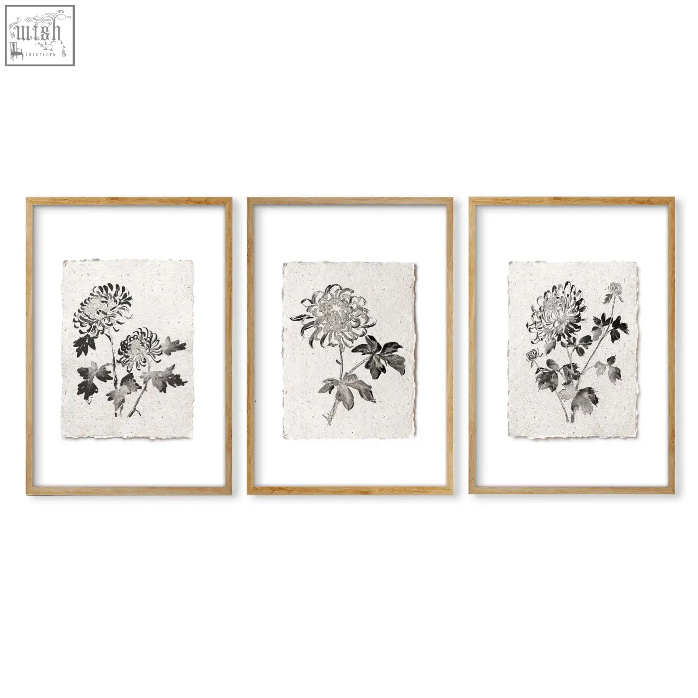 Set of 3 french country botanical floral print wall art featuring delicate chrysanthemum in beige and grey tones