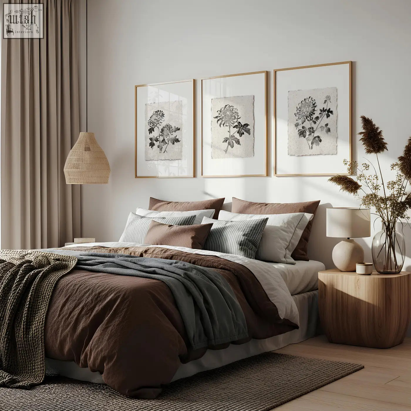 Cozy bed with earthy brown gray and white bedding under french country botanical floral print chrysanthemum wall art set