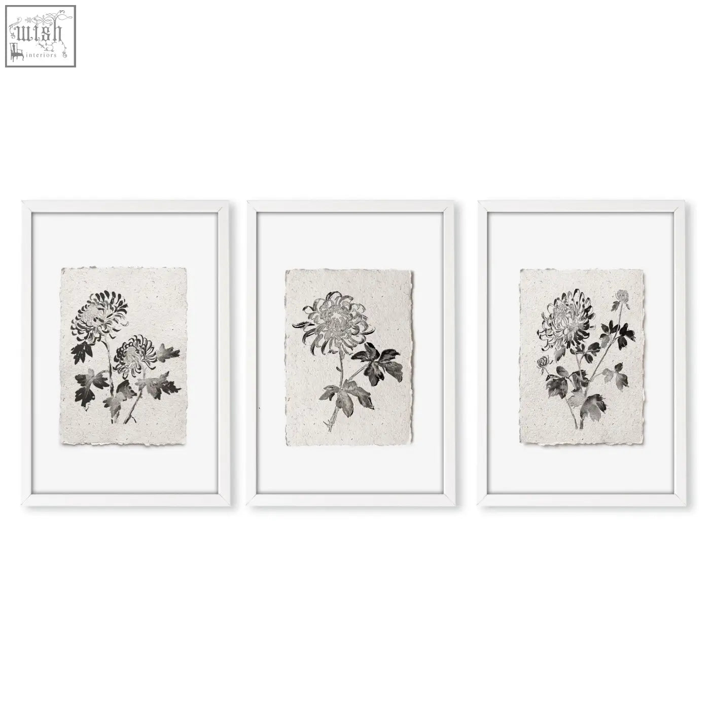 Set of three french country floral print chrysanthemum botanical beige and grey wall art in minimalist white frames