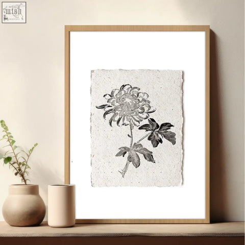 A minimalist black and white floral print of a chrysanthemum on textured paper in a light wood frame for french country decor