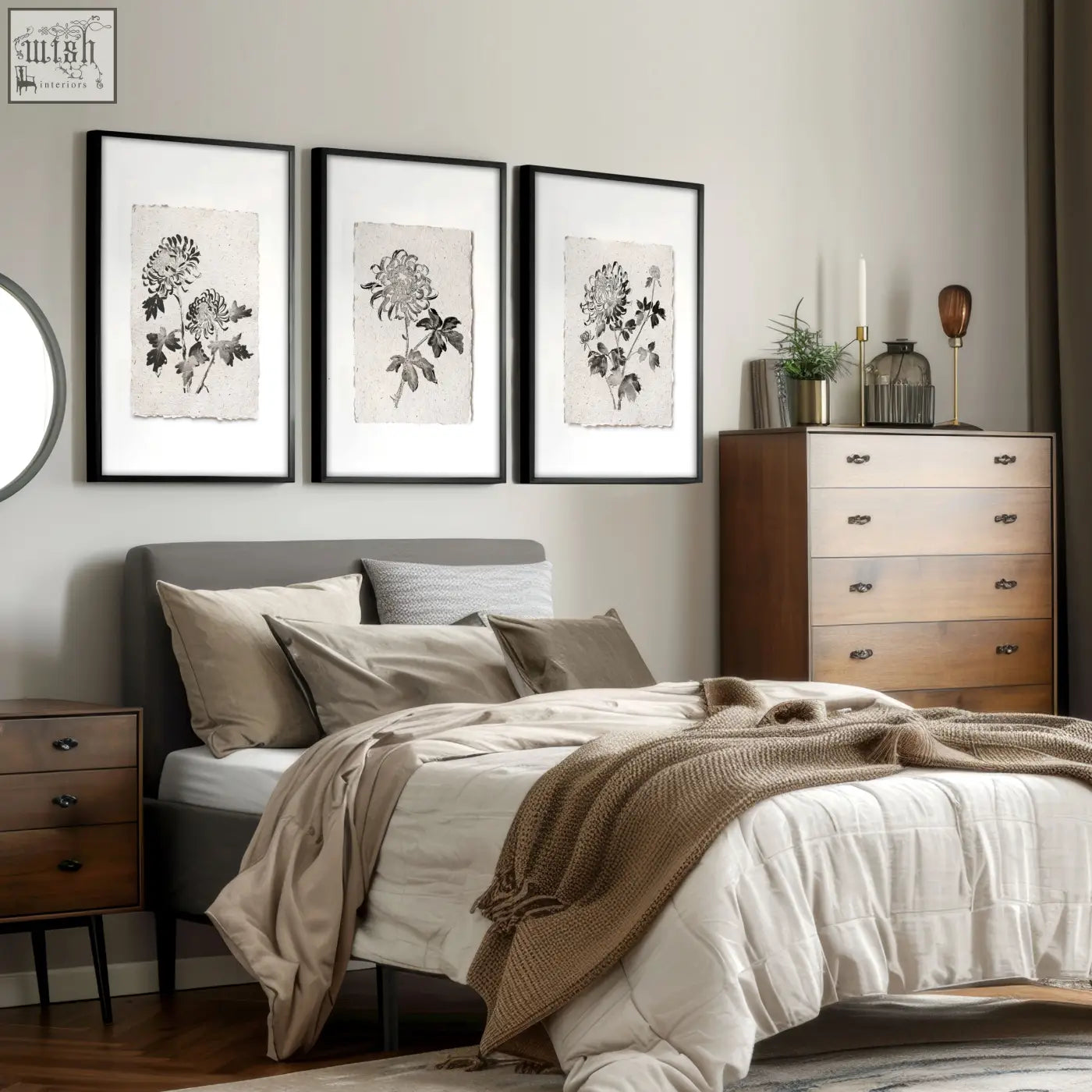 Three framed floral print french country botanical chrysanthemum wall art prints in beige and grey on textured paper