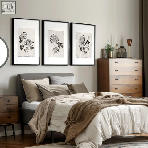 Three framed floral print french country botanical chrysanthemum wall art prints in beige and grey on textured paper