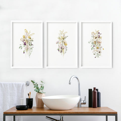 Toilet wall decoration | Set of 3 Floral wall art prints