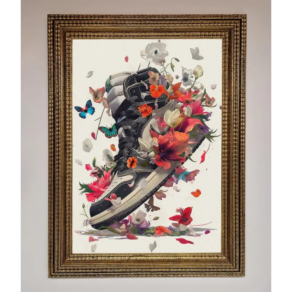 Floral Sneakers Framed Print - A3 (29.7 x 42 cm) / Ornate Gold - Framed Print