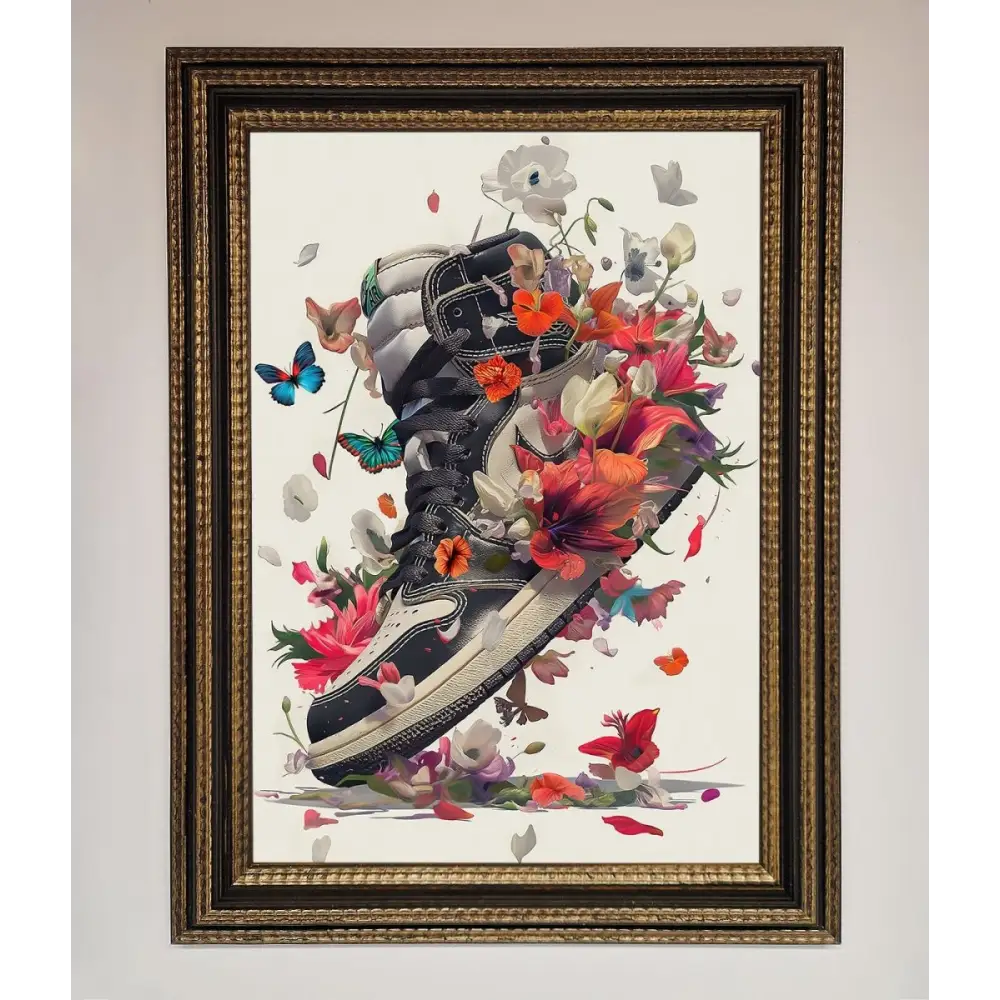 Floral Sneakers Framed Print - A3 (29.7 x 42 cm) / Ornate Gold Black - Framed Print