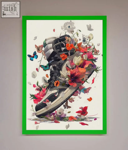 A black and white high-top sneaker with vibrant flowers and butterflies in a bright green floral sneakers framed print