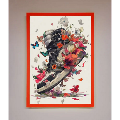 Floral Sneakers Framed Print - B0 (100 x 141 cm) / Neon Red - Framed Print