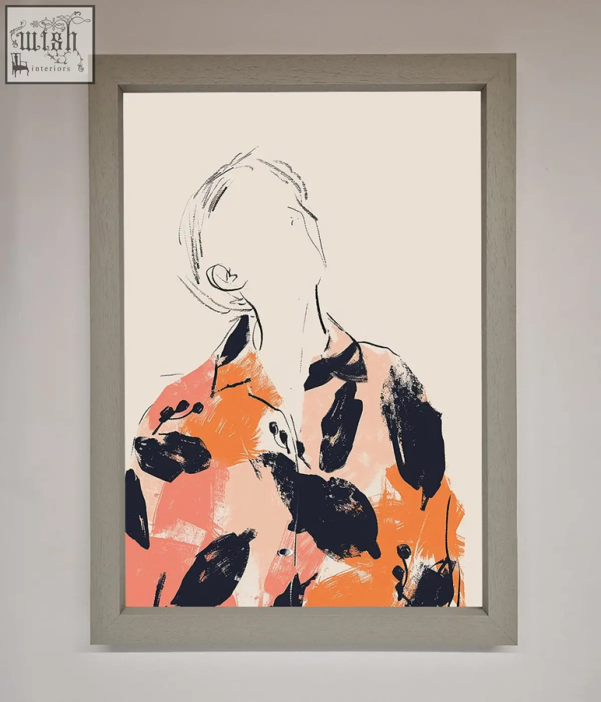 A floral thinker framed wall art featuring an abstract orange and black figure in a light gray wooden frame