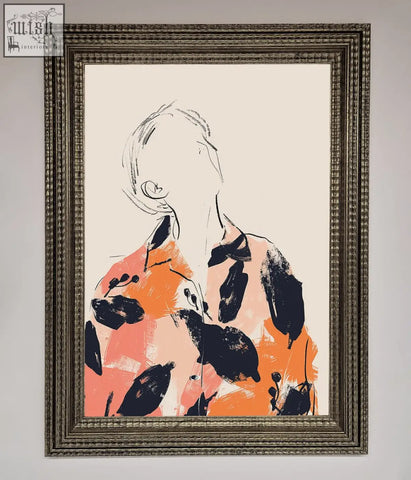 A floral thinker framed wall art featuring an abstract orange and black thinker framed in an ornate silver frame