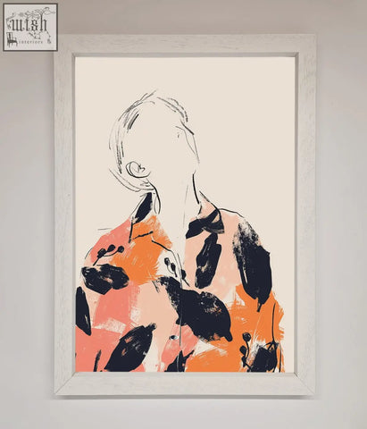 A floral thinker framed wall art featuring an abstract orange and black figure in a white wooden frame on off-white background