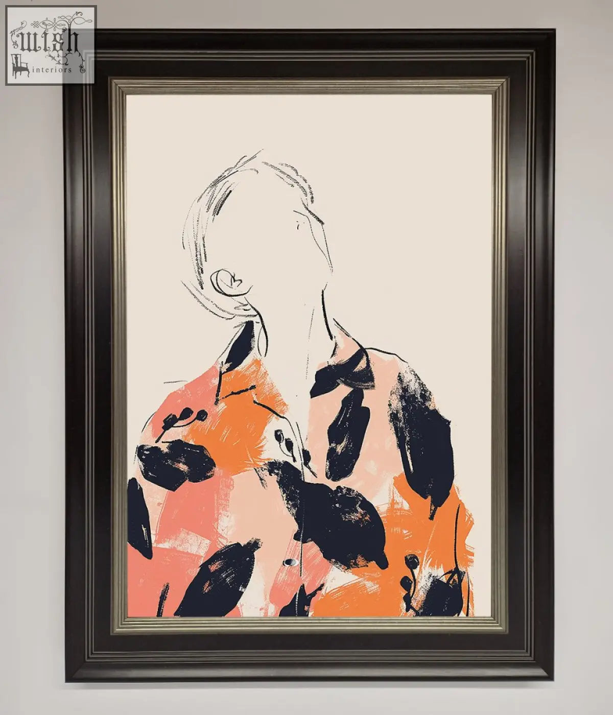 Floral thinker framed wall art featuring an abstract orange and black figure in dark brown wood frame with silver border