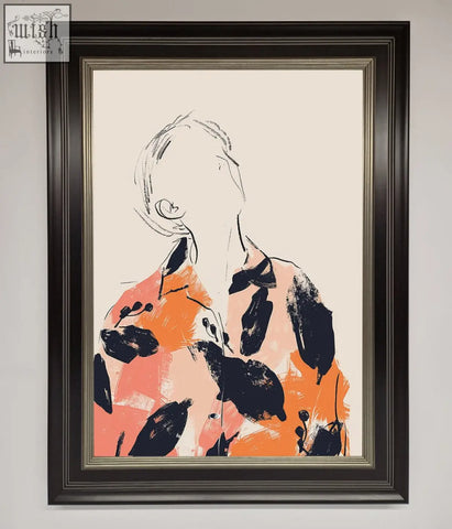 Floral thinker framed wall art featuring an abstract orange and black figure in dark brown wood frame with silver border