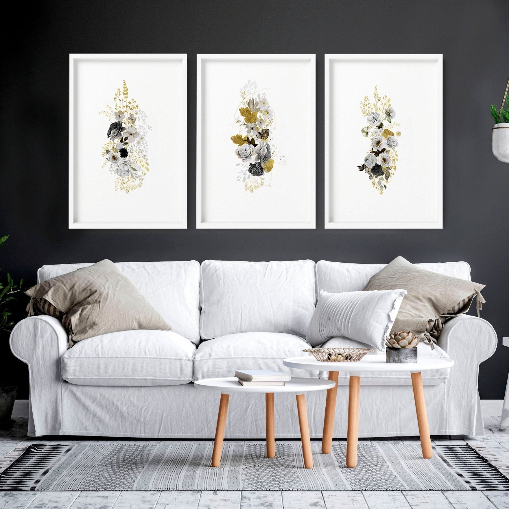 Wall art for large living room wall | set of 3 Floral wall art prints
