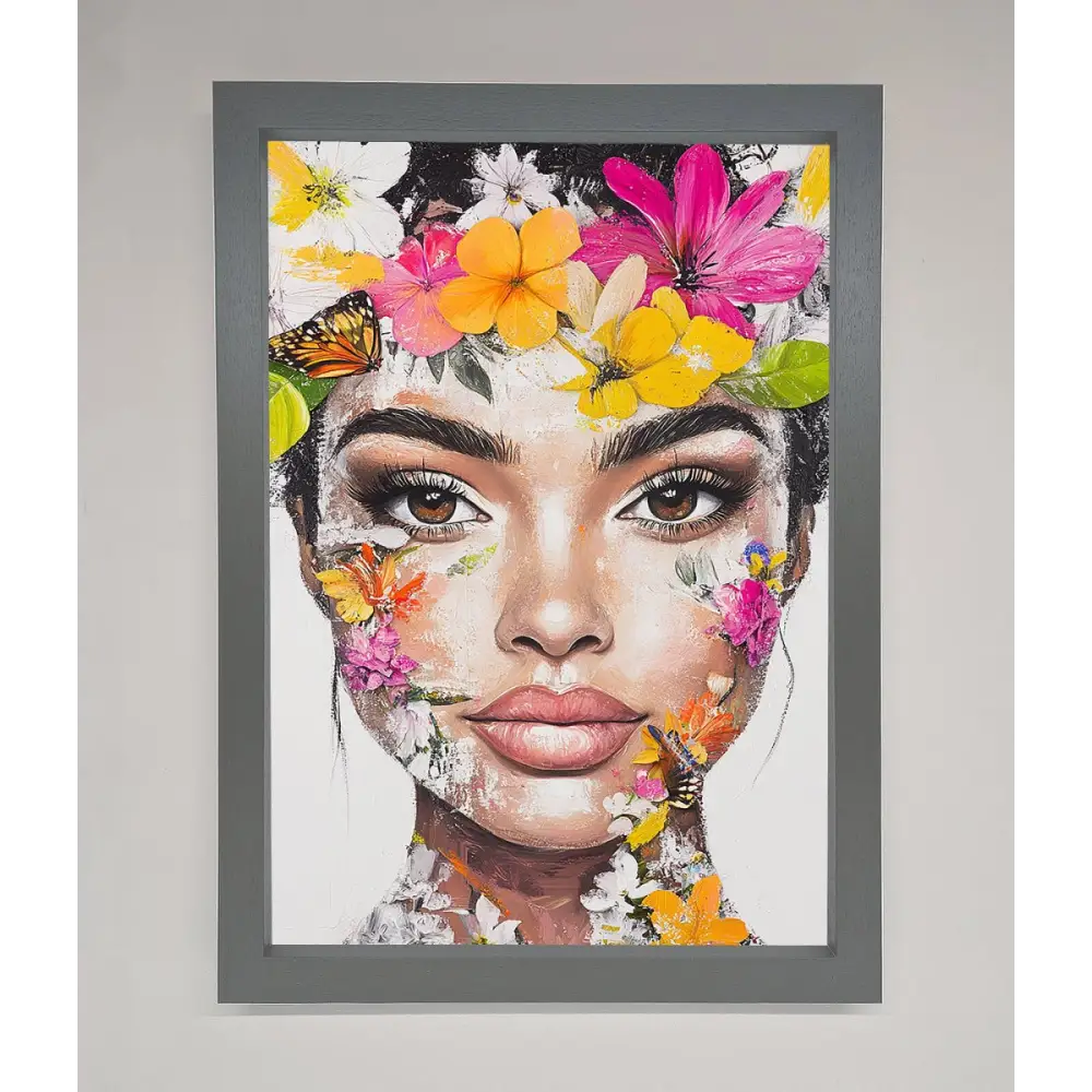 Floral Woman Face Framed Print - A3 (29.7 x 42 cm) / Dark Grey - Framed Print