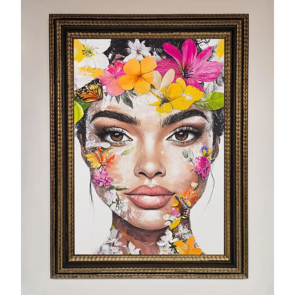 Floral Woman Face Framed Print - A3 (29.7 x 42 cm) / Ornate Gold Black - Framed Print