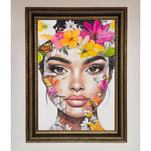 Floral Woman Face Framed Print - A3 (29.7 x 42 cm) / Ornate Gold Black - Framed Print