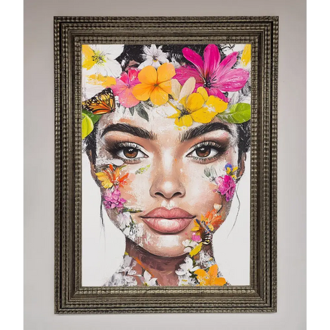 Floral Woman Face Framed Print - A3 (29.7 x 42 cm) / Ornate Silver - Framed Print