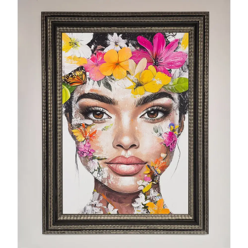 Floral Woman Face Framed Print - A3 (29.7 x 42 cm) / Ornate Silver Black - Framed Print
