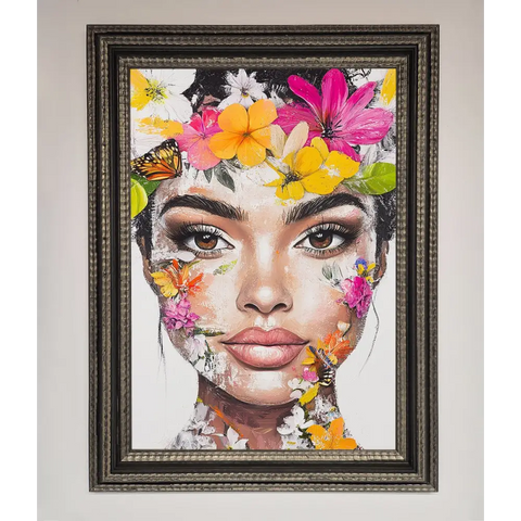 Floral Woman Face Framed Print - A3 (29.7 x 42 cm) / Ornate Silver Black - Framed Print