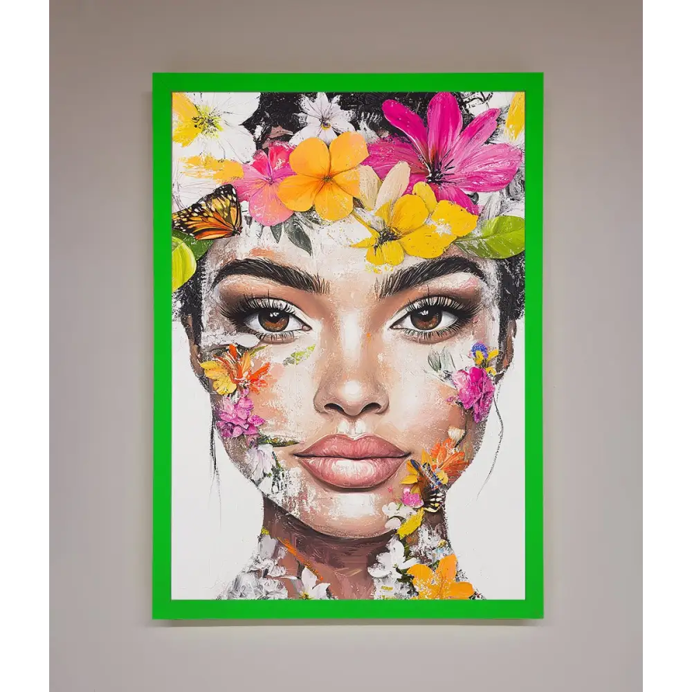 Floral Woman Face Framed Print - B0 (100 x 141 cm) / Neon Dark Green - Framed Print