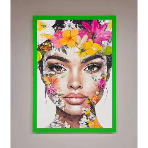 Floral Woman Face Framed Print - B0 (100 x 141 cm) / Neon Dark Green - Framed Print
