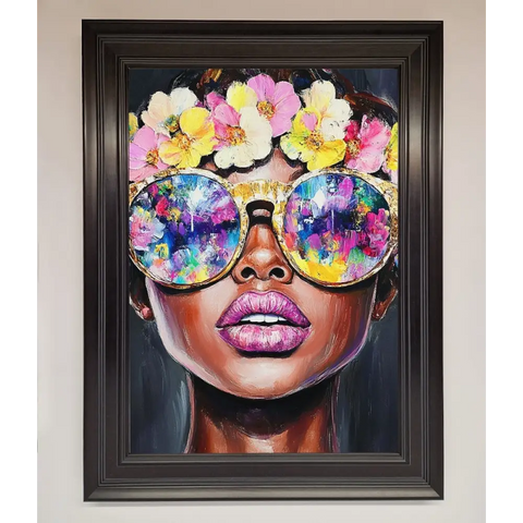 Floral Woman With Glasses and Pink Lips Framed Print - A1 (59.4 x 84.1 cm) / Matt Black - Framed Print