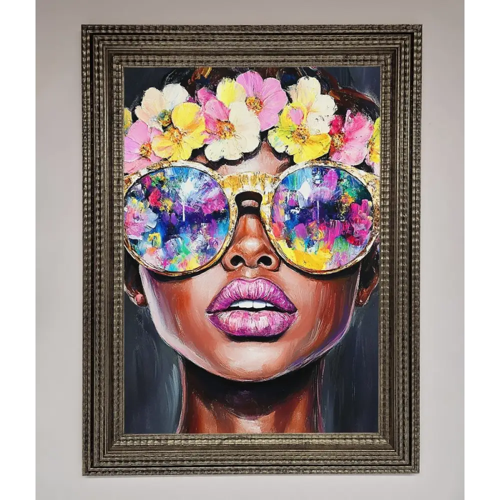 Floral Woman With Glasses and Pink Lips Framed Print - A3 (29.7 x 42 cm) / Ornate Silver - Framed Print