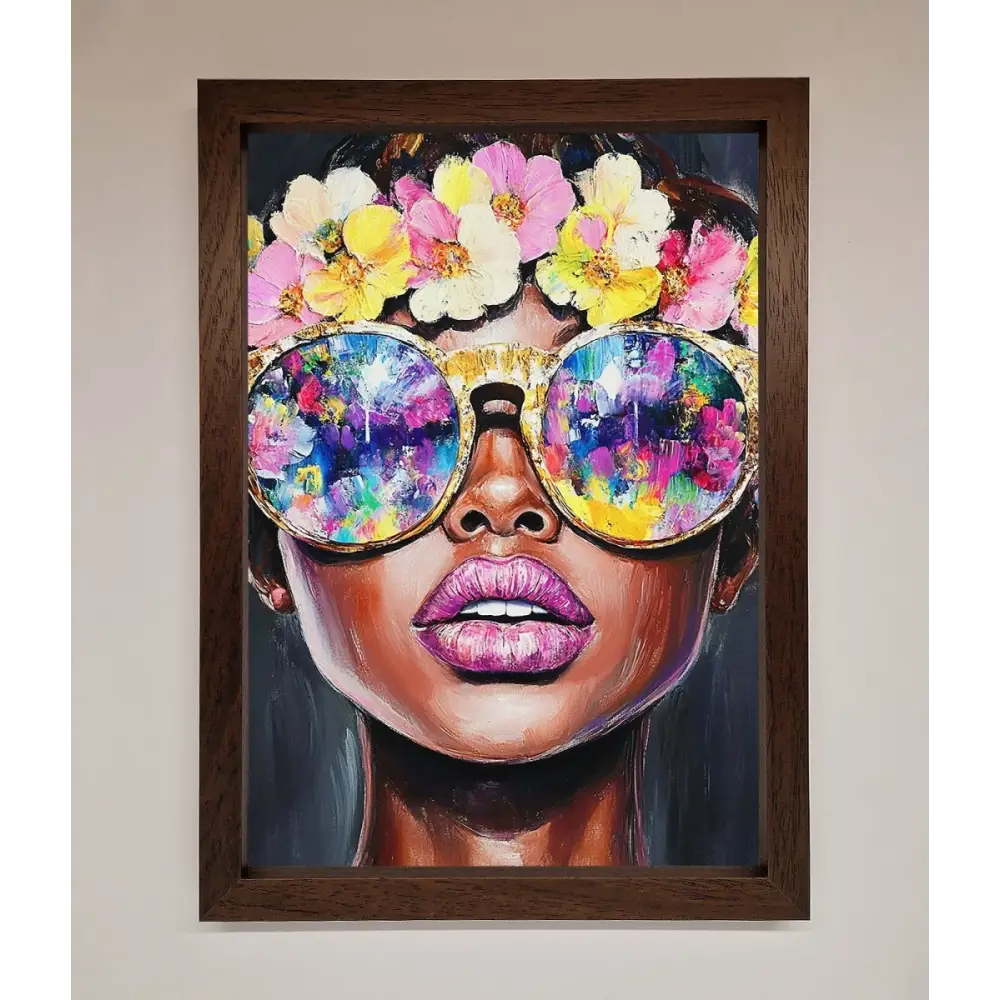 Floral Woman With Glasses and Pink Lips Framed Print - A3 (29.7 x 42 cm) / Walnut - Framed Print