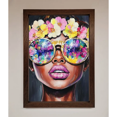 Floral Woman With Glasses and Pink Lips Framed Print - A3 (29.7 x 42 cm) / Walnut - Framed Print