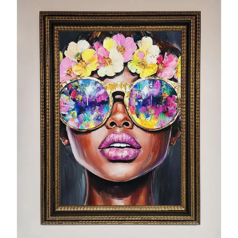 Floral Woman With Glasses and Pink Lips Framed Print - A3 (29.7 x 42 cm) / Ornate Gold Black - Framed Print