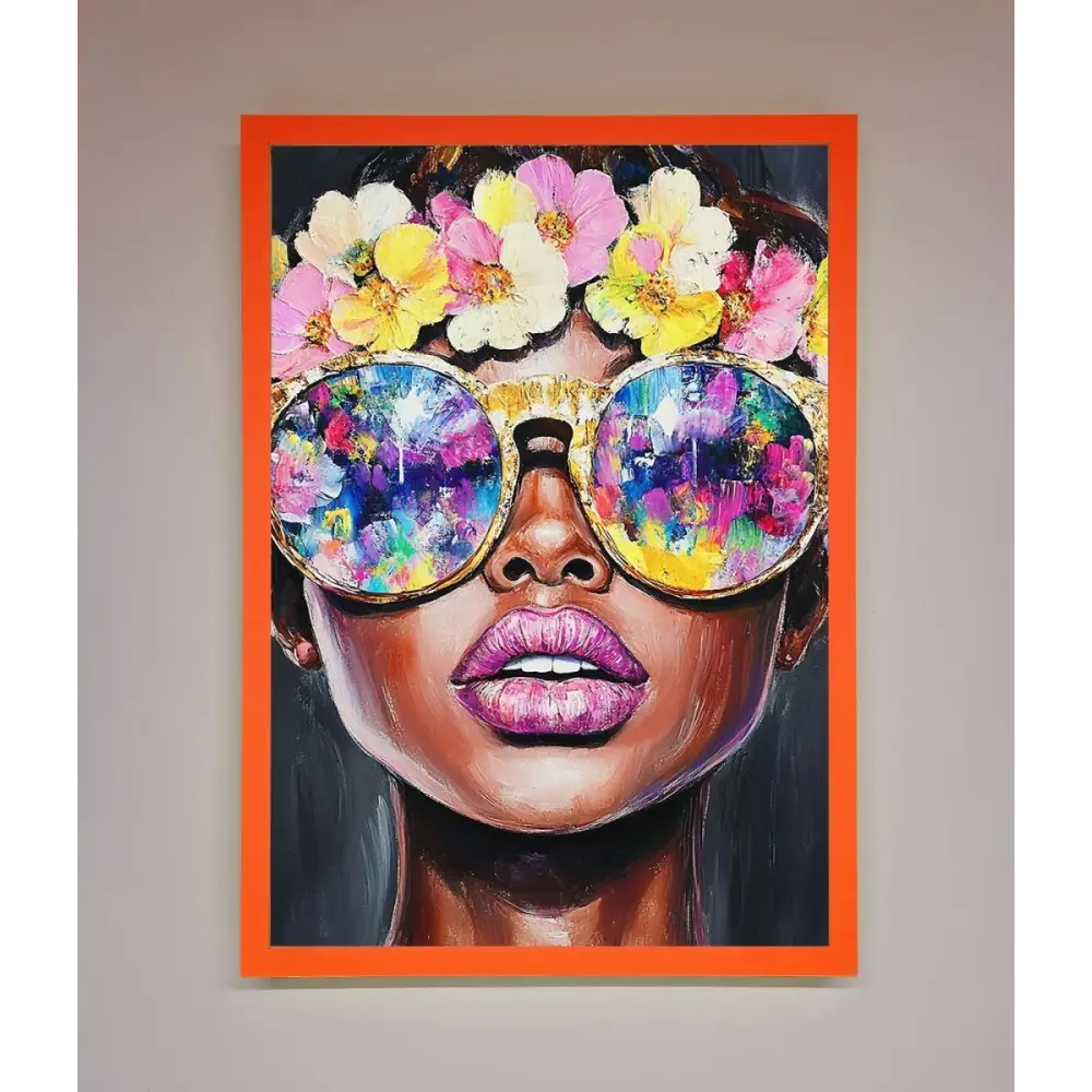Floral Woman With Glasses and Pink Lips Framed Print - A3 (29.7 x 42 cm) / Neon Orange - Framed Print