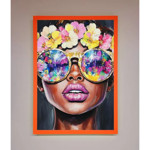 Floral Woman With Glasses and Pink Lips Framed Print - A3 (29.7 x 42 cm) / Neon Orange - Framed Print