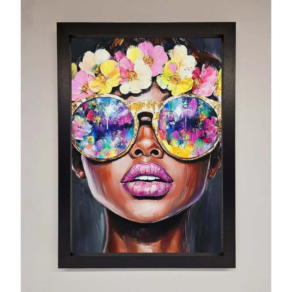 Floral Woman With Glasses and Pink Lips Framed Print - A3 (29.7 x 42 cm) / Black - Framed Print