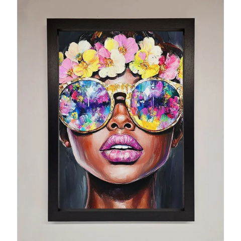 Floral Woman With Glasses and Pink Lips Framed Print - A3 (29.7 x 42 cm) / Black - Framed Print