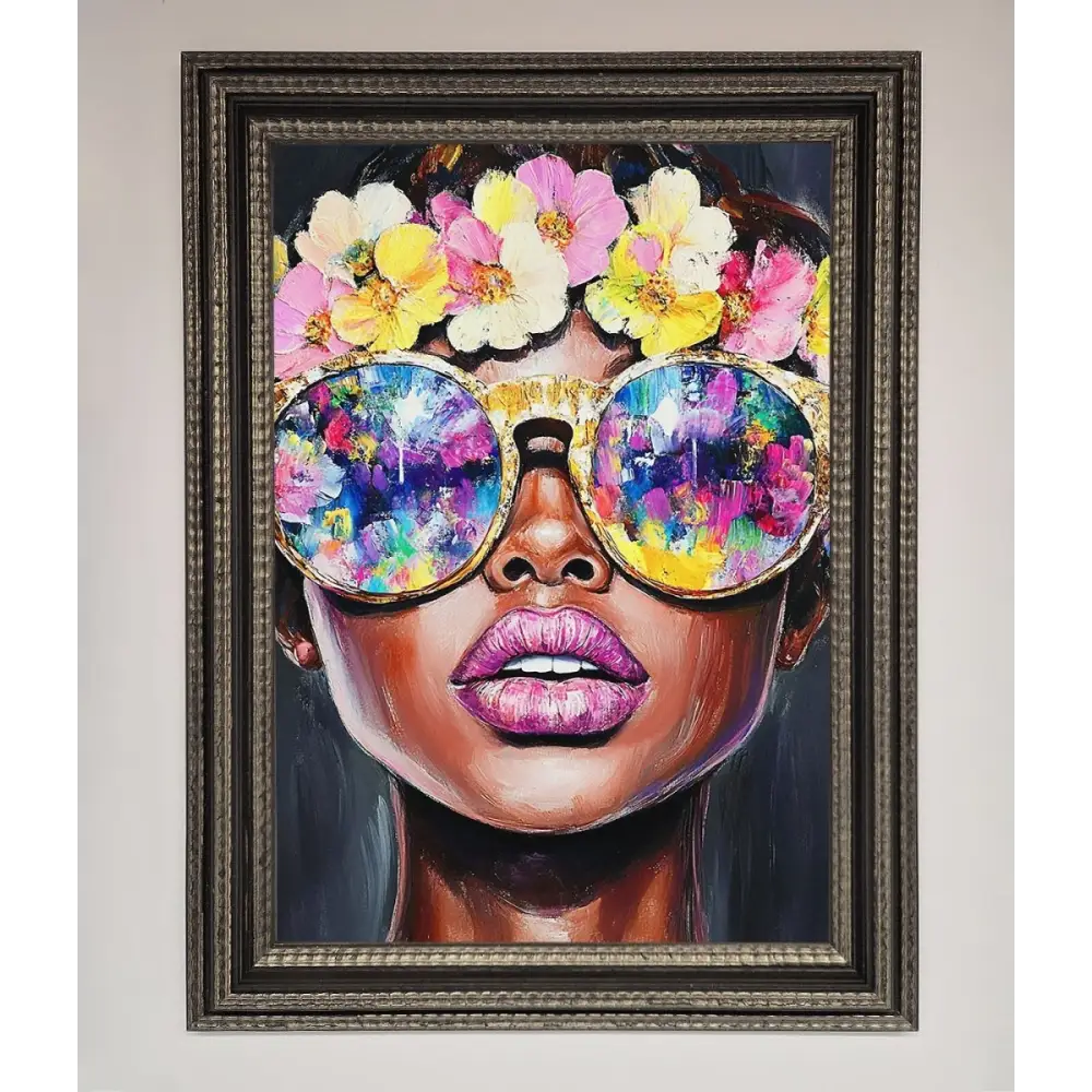 Floral Woman With Glasses and Pink Lips Framed Print - A3 (29.7 x 42 cm) / Ornate Silver Black - Framed Print