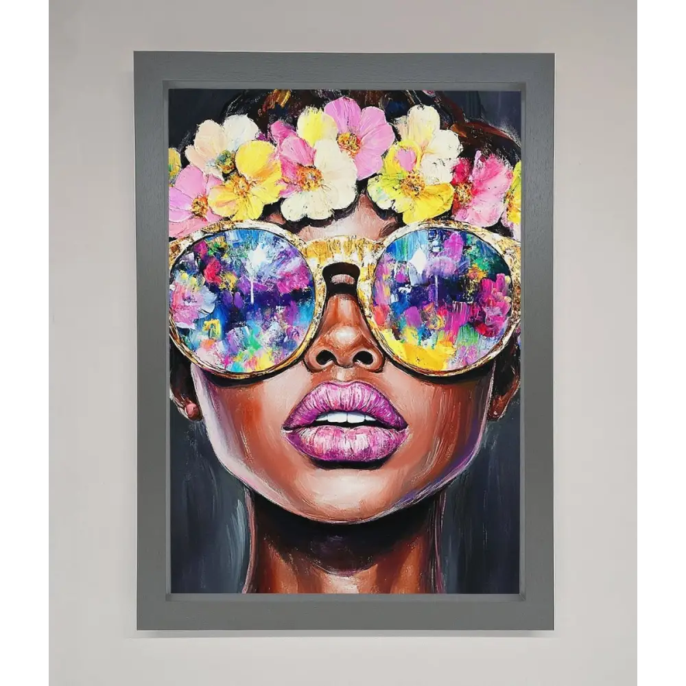 Floral Woman With Glasses and Pink Lips Framed Print - A3 (29.7 x 42 cm) / Dark Grey - Framed Print