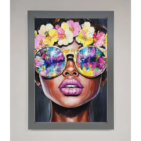 Floral Woman With Glasses and Pink Lips Framed Print - A3 (29.7 x 42 cm) / Dark Grey - Framed Print