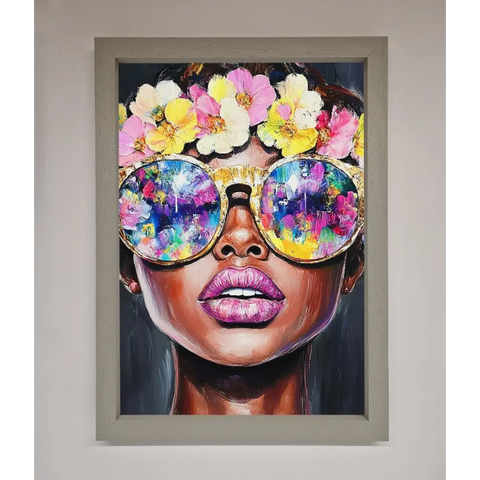 Floral Woman With Glasses and Pink Lips Framed Print - A3 (29.7 x 42 cm) / Grey - Framed Print