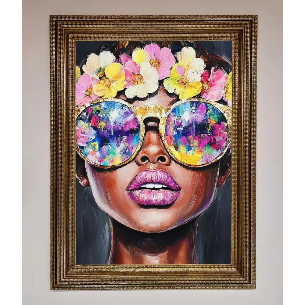 Floral Woman With Glasses and Pink Lips Framed Print - A3 (29.7 x 42 cm) / Ornate Gold - Framed Print