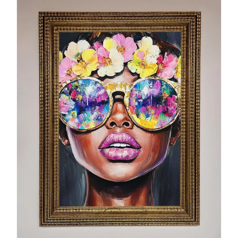 Floral Woman With Glasses and Pink Lips Framed Print - A3 (29.7 x 42 cm) / Ornate Gold - Framed Print