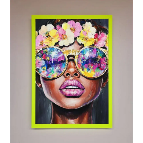 Floral Woman With Glasses and Pink Lips Framed Print - B0 (100 x 141 cm) / Neon Green - Framed Print