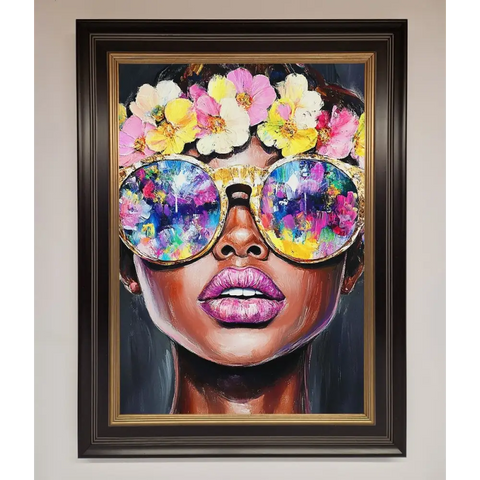 Floral Woman With Glasses and Pink Lips Framed Print - B0 (100 x 141 cm) / Black Gold - Framed Print