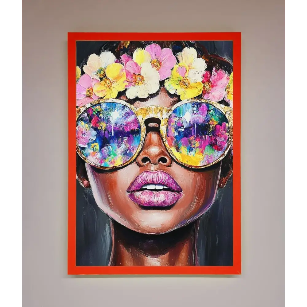 Floral Woman With Glasses and Pink Lips Framed Print - B0 (100 x 141 cm) / Neon Red - Framed Print