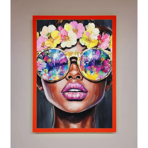 Floral Woman With Glasses and Pink Lips Framed Print - B0 (100 x 141 cm) / Neon Red - Framed Print