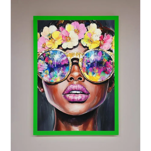 Floral Woman With Glasses and Pink Lips Framed Print - B0 (100 x 141 cm) / Neon Dark Green - Framed Print