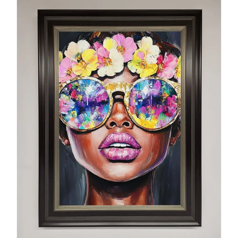 Floral Woman With Glasses and Pink Lips Framed Print - B0 (100 x 141 cm) / Black Silver - Framed Print