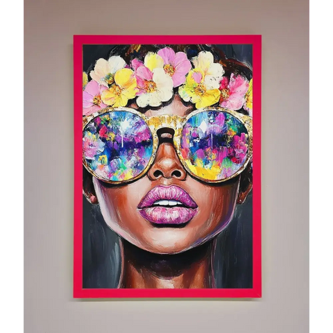 Floral Woman With Glasses and Pink Lips Framed Print - B0 (100 x 141 cm) / Neon Pink - Framed Print