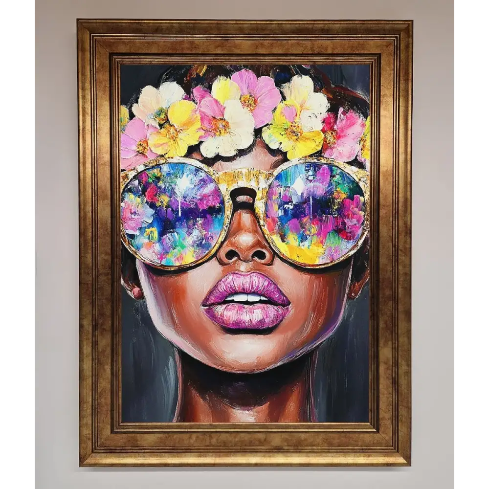 Floral Woman With Glasses and Pink Lips Framed Print - B0 (100 x 141 cm) / Bronze - Framed Print
